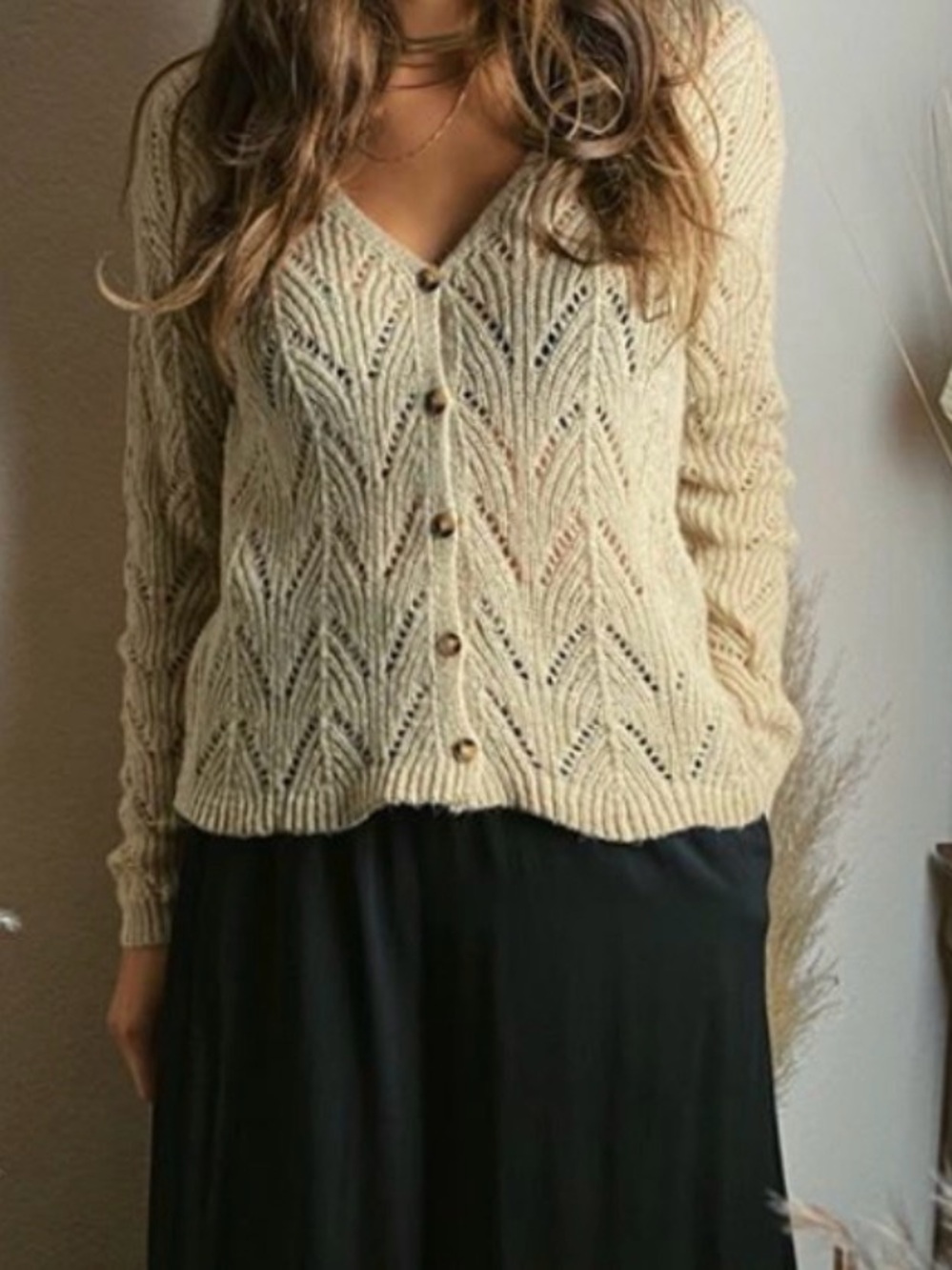 Crescent Cream Chevron Lace Knit Button-Up Cardigan